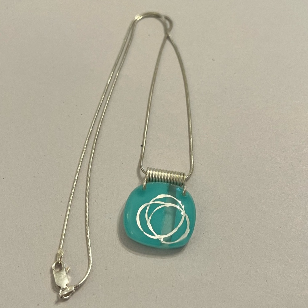 Turquoise Glass Pendant Necklace with Silver Accent